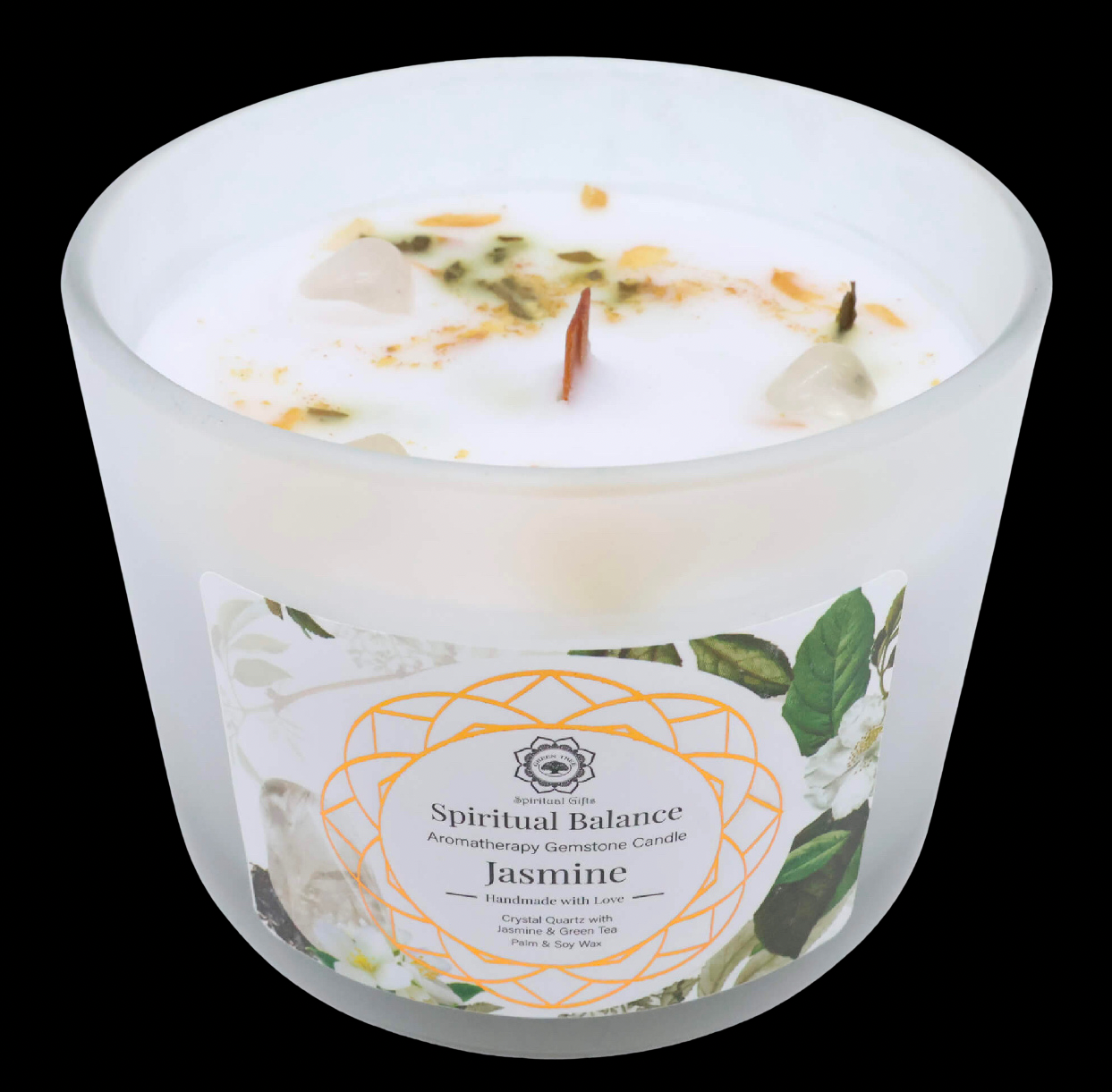 Candela Green Tree 'Equilibrio spirituale' Cristallo di rocca + gelsomino 256g